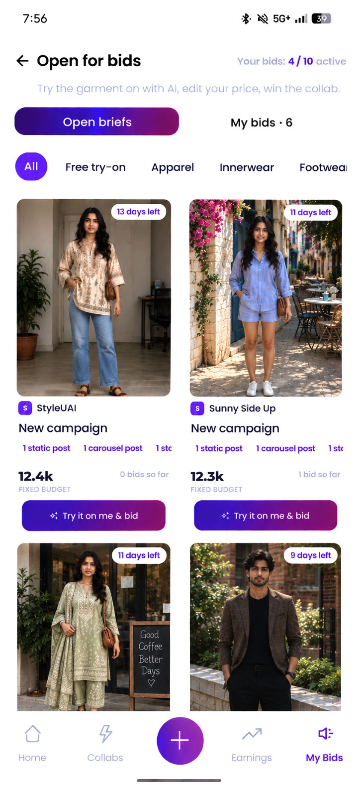 StyleUAI influencer app: open campaign briefs with budgets, try it on and bid