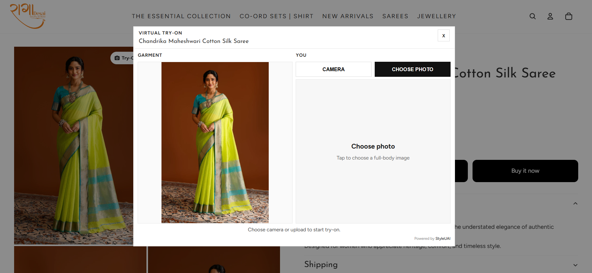 StyleUAI try-on widget: choose a photo or use the camera