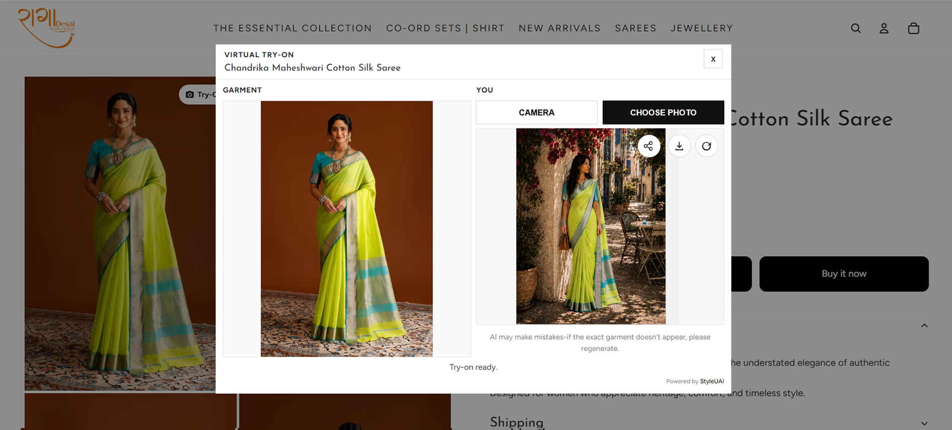 StyleUAI try-on output: the Raaga Desai saree rendered on the customer, same drape and border