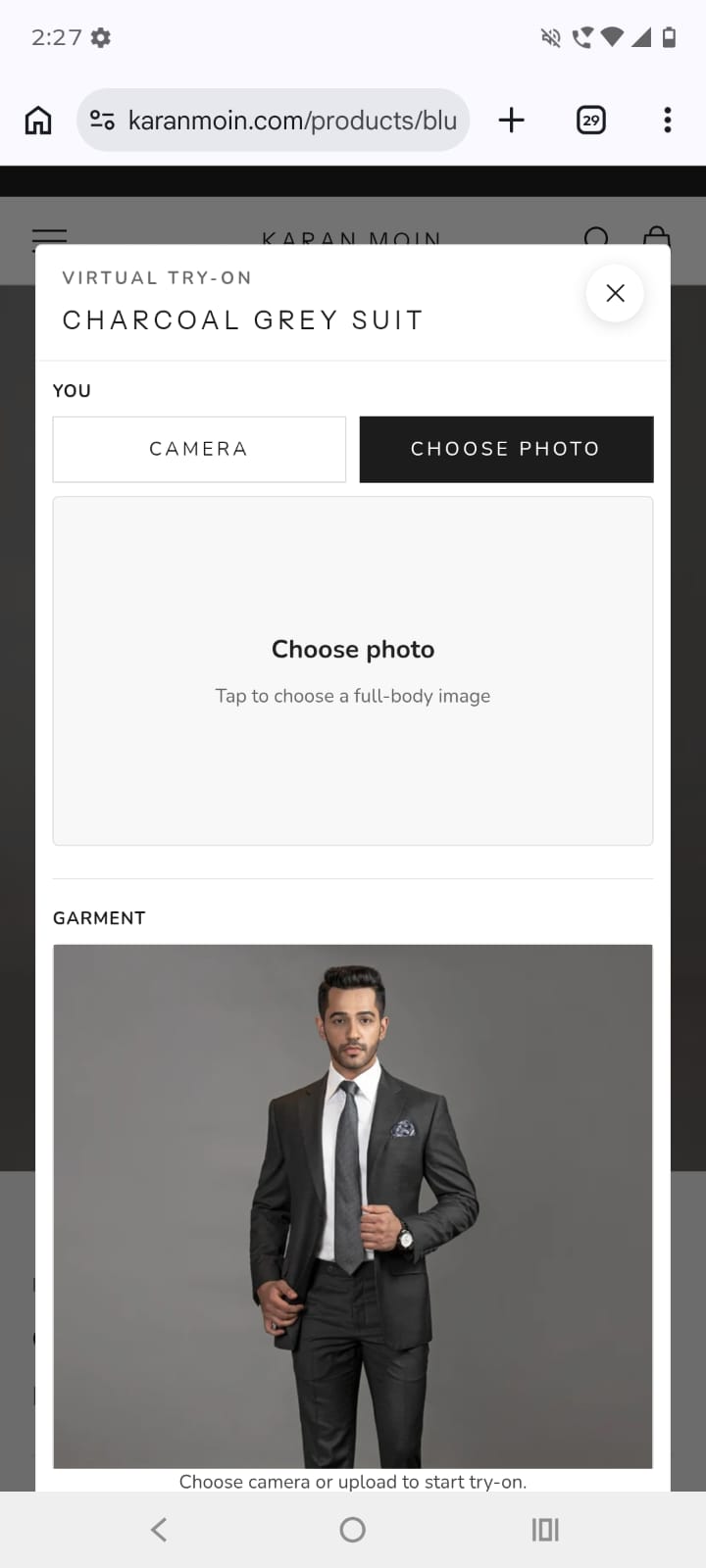 StyleUAI try-on widget on a phone, shopper photo loaded on a mobile product page